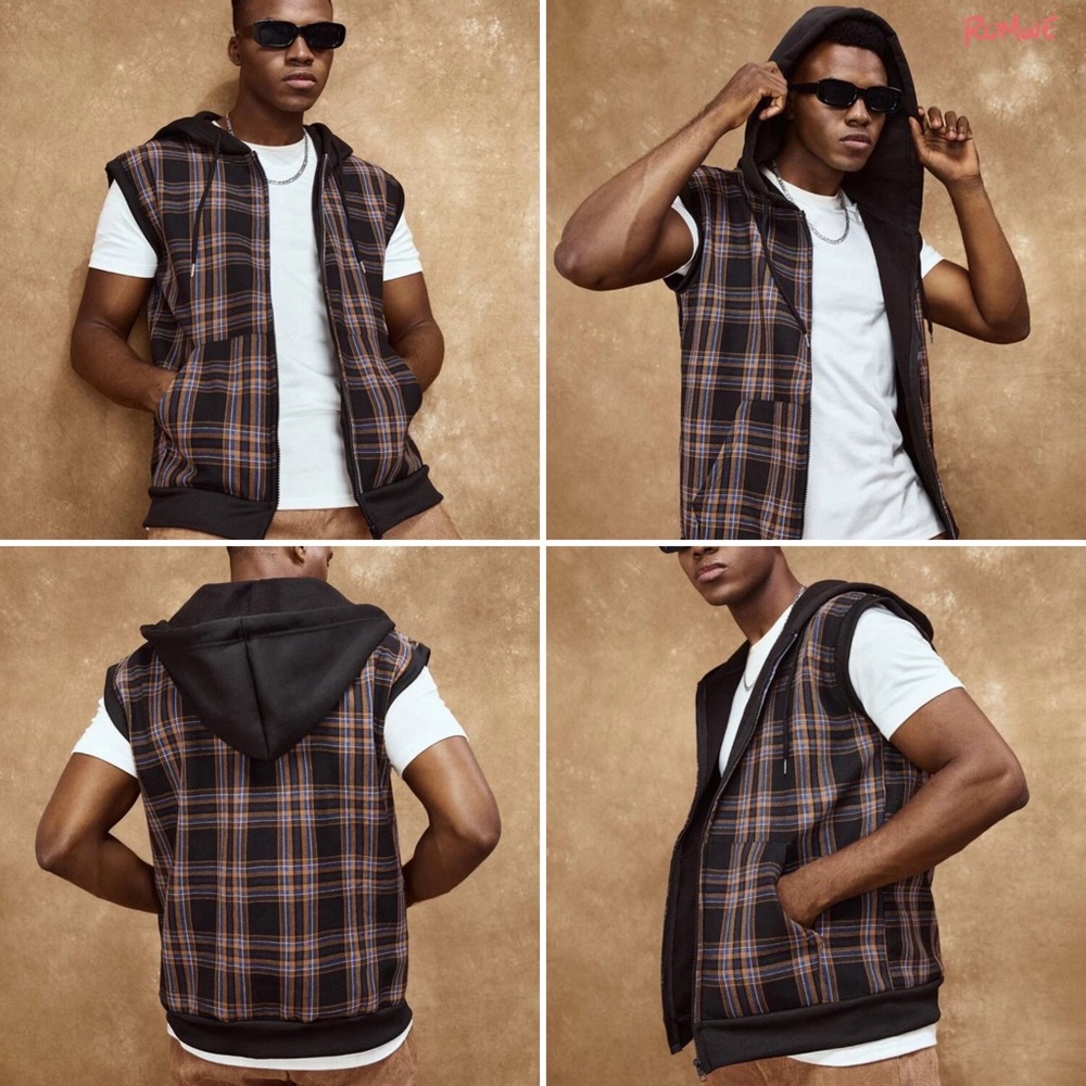ROMWE Guys Plaid Zip Up Sleeveless Hooded Jacket Vest Size XL